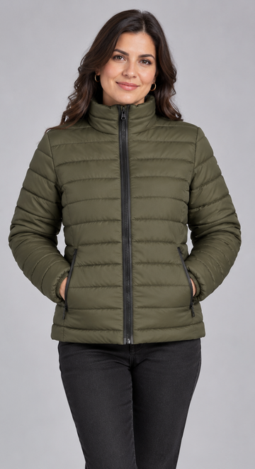 Women’s Olive Green Quilted Puffer Jacket – Lightweight Windproof Stand Collar Winter Coat
