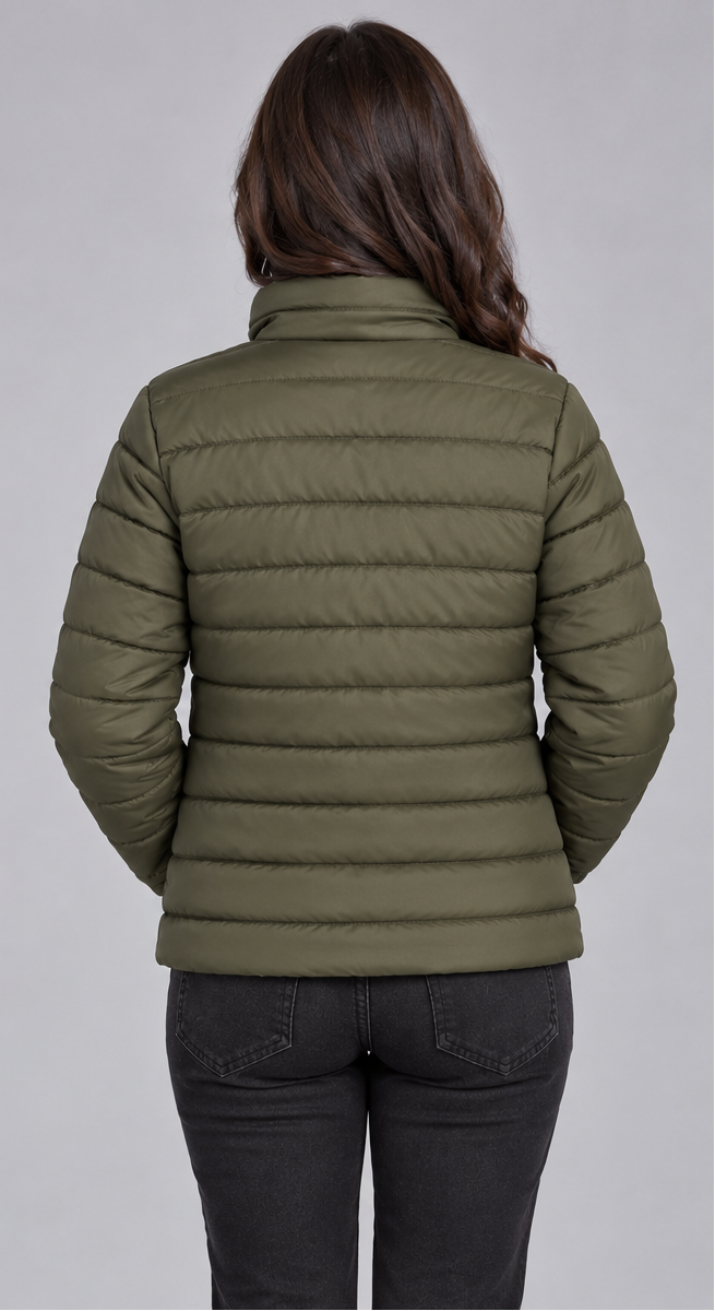 Women’s Olive Green Quilted Puffer Jacket – Lightweight Windproof Stand Collar Winter Coat