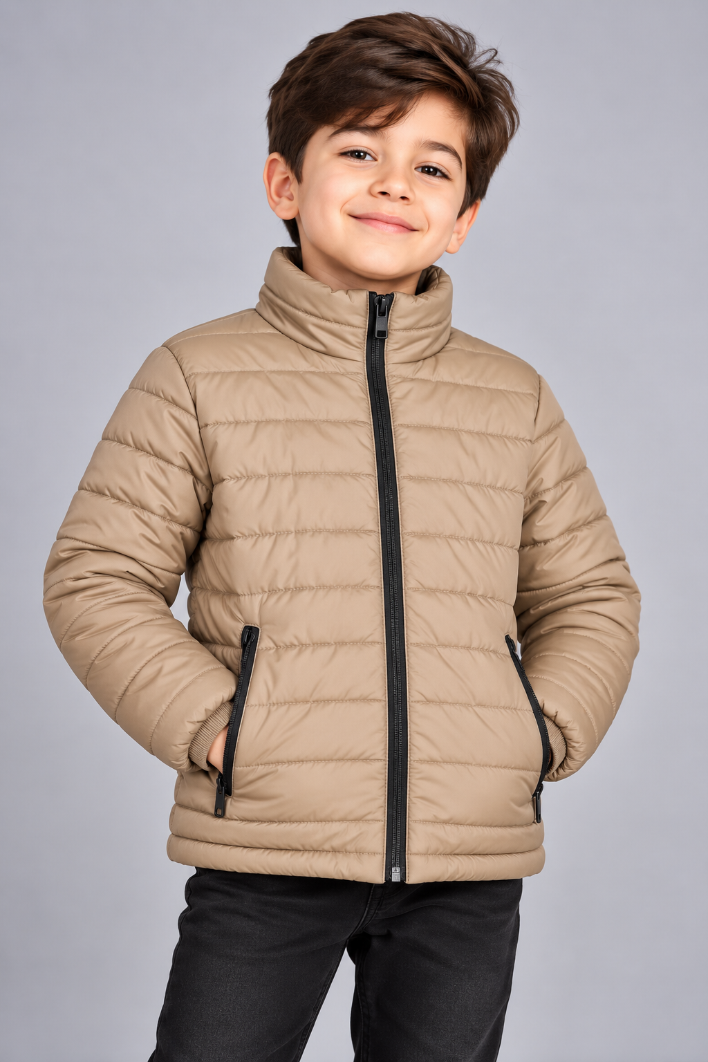 Young boy wearing khaki beige lightweight quilted puffer jacket front view with zip closure
