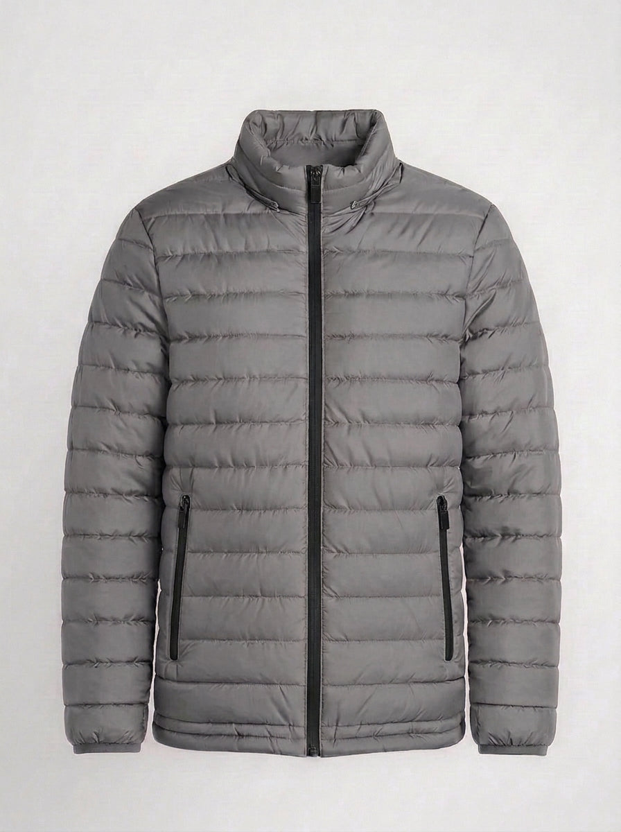 Men's light grey horizontal quilted winter puffer jacket clean back view