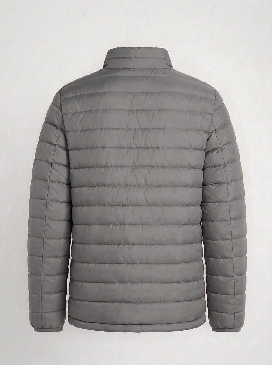Men's light grey lightweight quilted puffer jacket front view with zip closure and stand collar