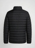 Men's black horizontal quilted winter puffer jacket back view
