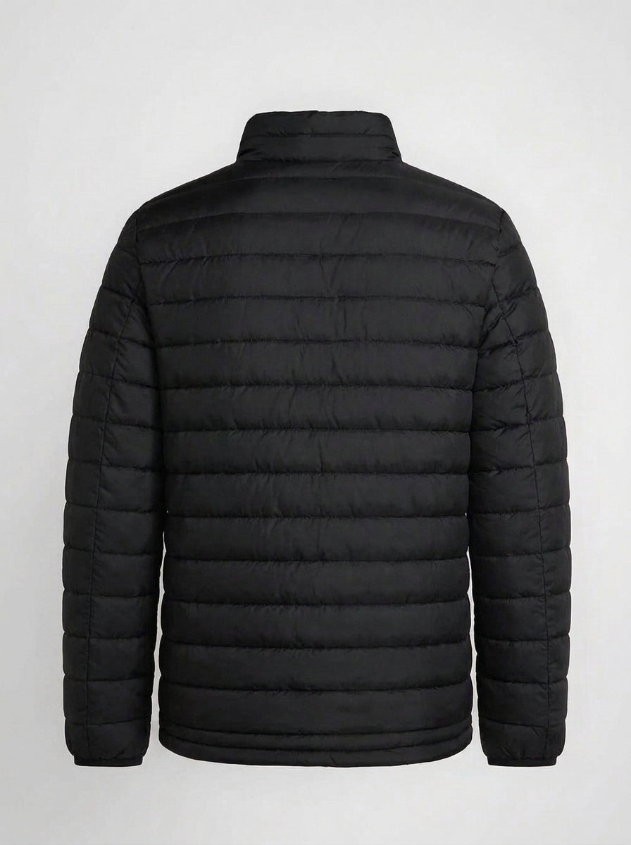 Men's black horizontal quilted winter puffer jacket back view