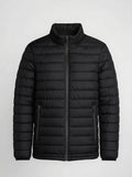 Men's black lightweight quilted puffer jacket front view with zip closure