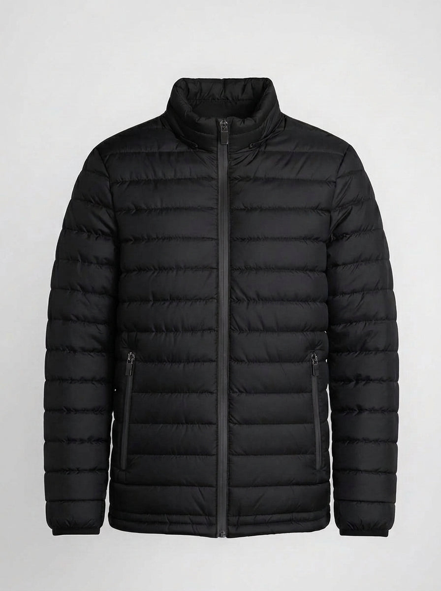 Men's black lightweight quilted puffer jacket front view with zip closure