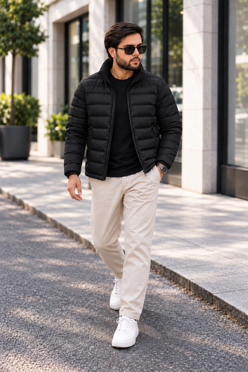 Man wearing black lightweight quilted puffer jacket street style front view walking outside