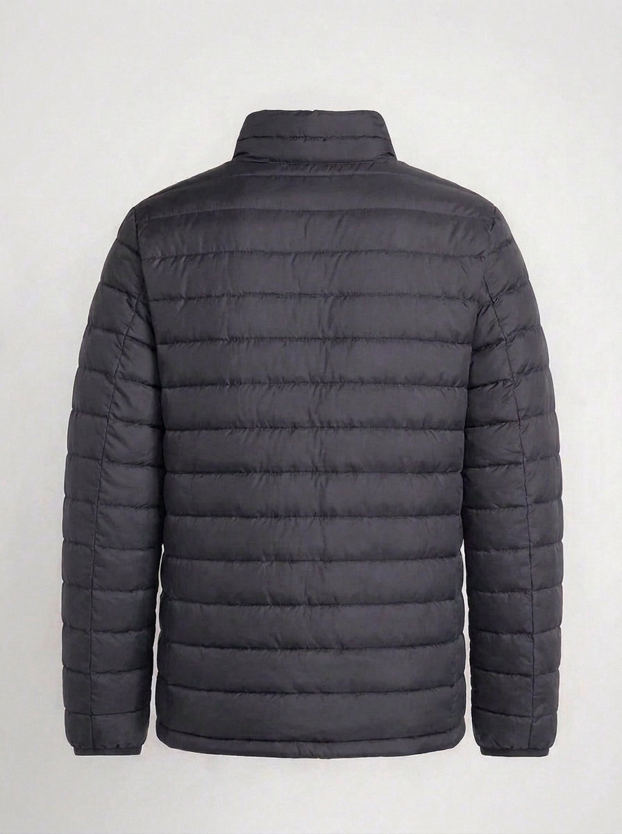 Men's dark charcoal quilted winter puffer jacket clean back view