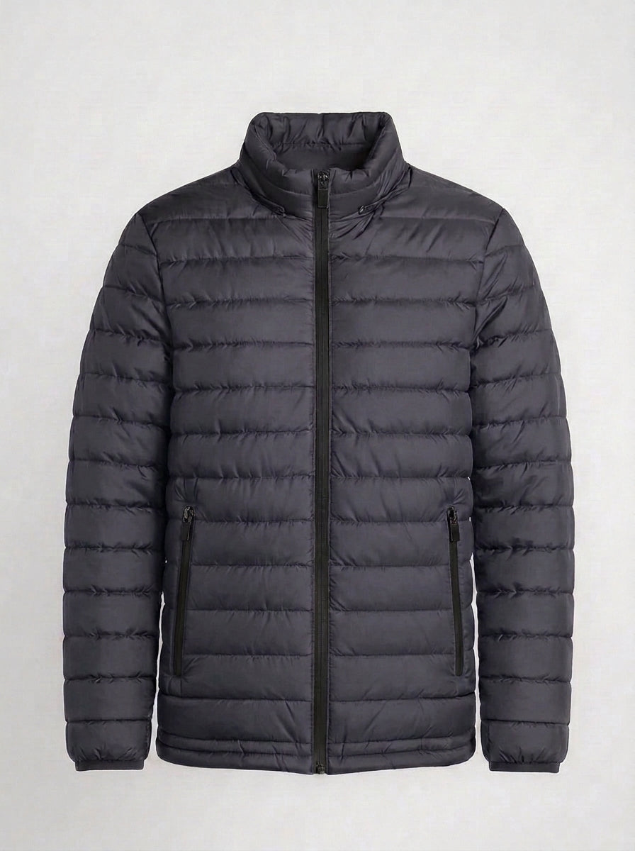 Men's charcoal grey lightweight quilted puffer jacket front view with zip closure