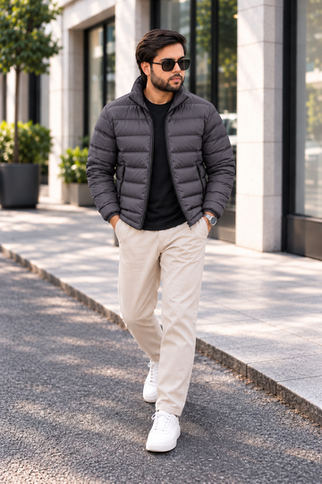 Man wearing charcoal grey lightweight quilted puffer jacket street style front view walking outside