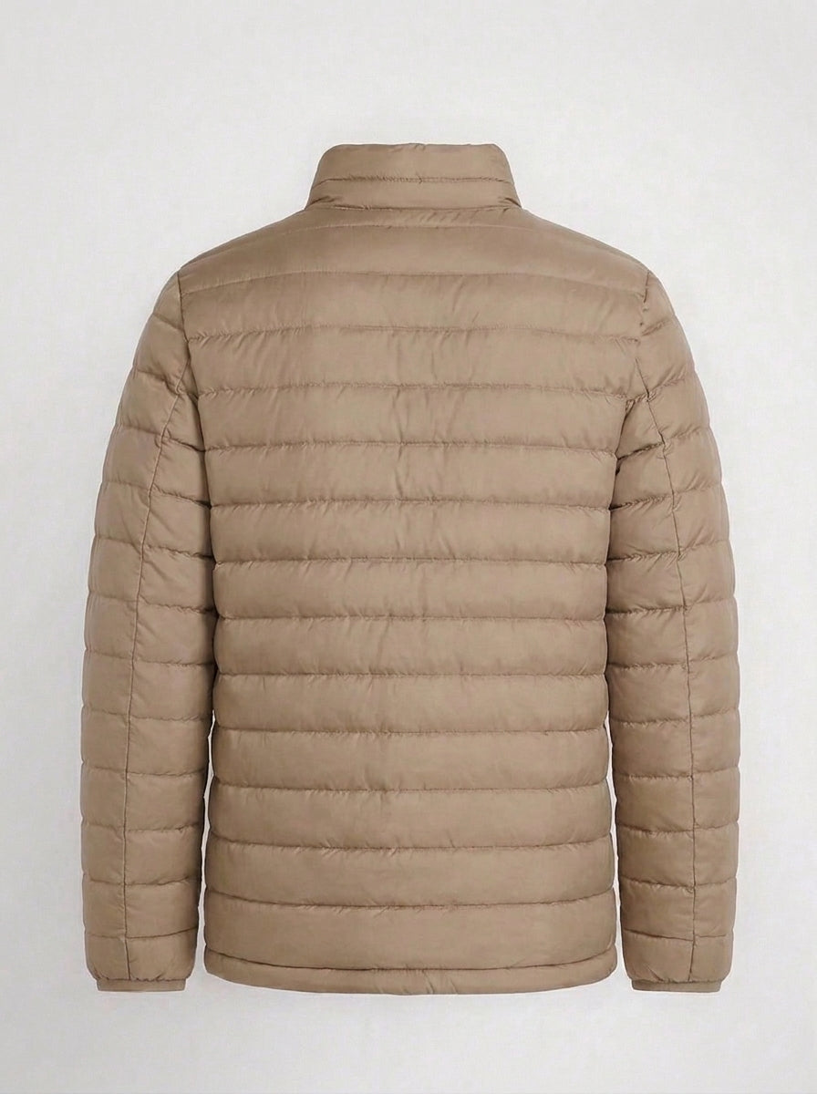 Men's khaki beige horizontal quilted winter puffer jacket clean back view