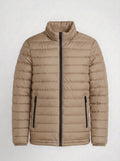 Men's khaki beige lightweight quilted puffer jacket front view with zip closure