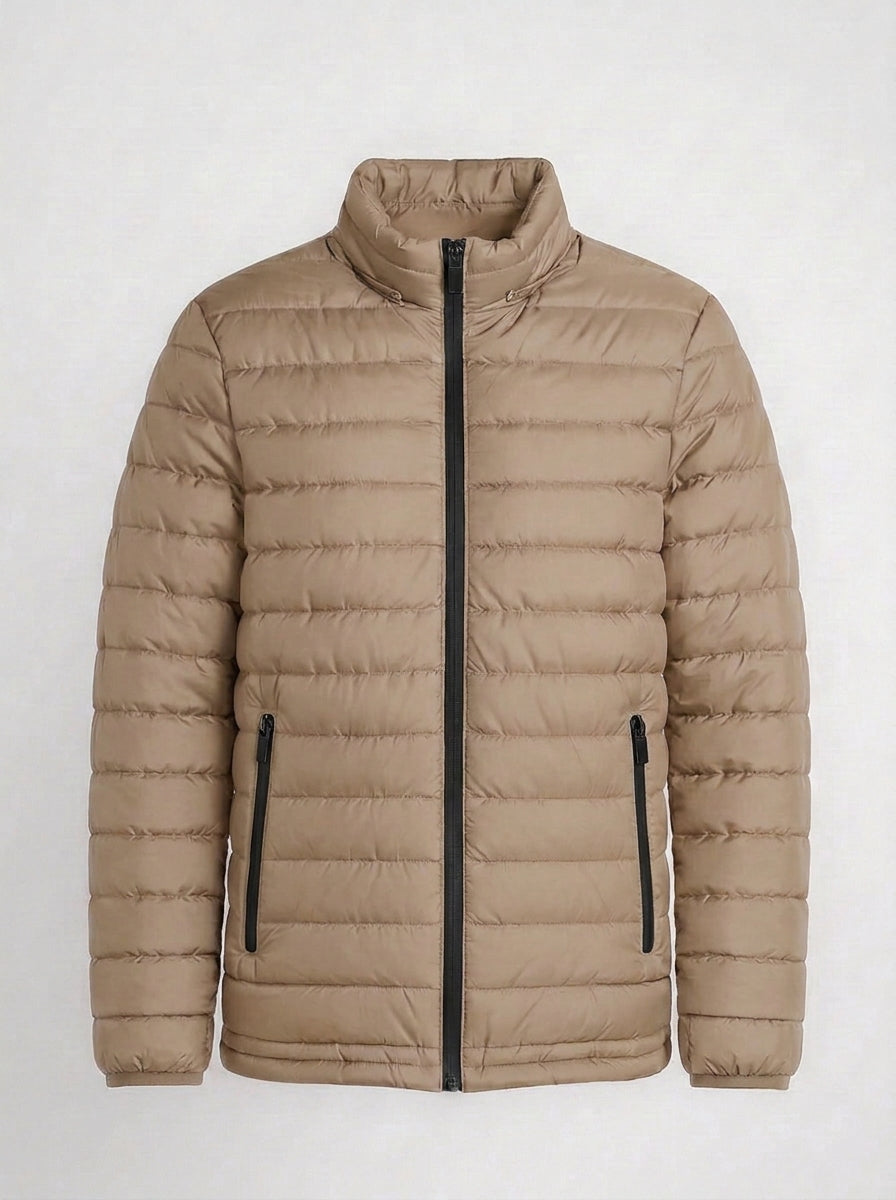 Men's khaki beige lightweight quilted puffer jacket front view with zip closure