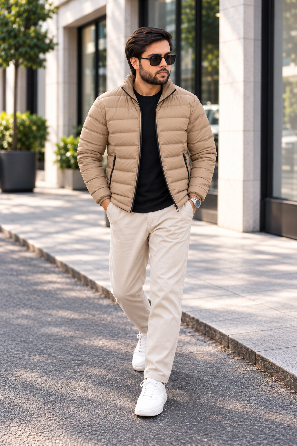 Man wearing khaki beige lightweight quilted puffer jacket street style front view walking outside