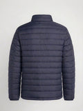 Men's navy blue horizontal quilted winter puffer jacket clean back view