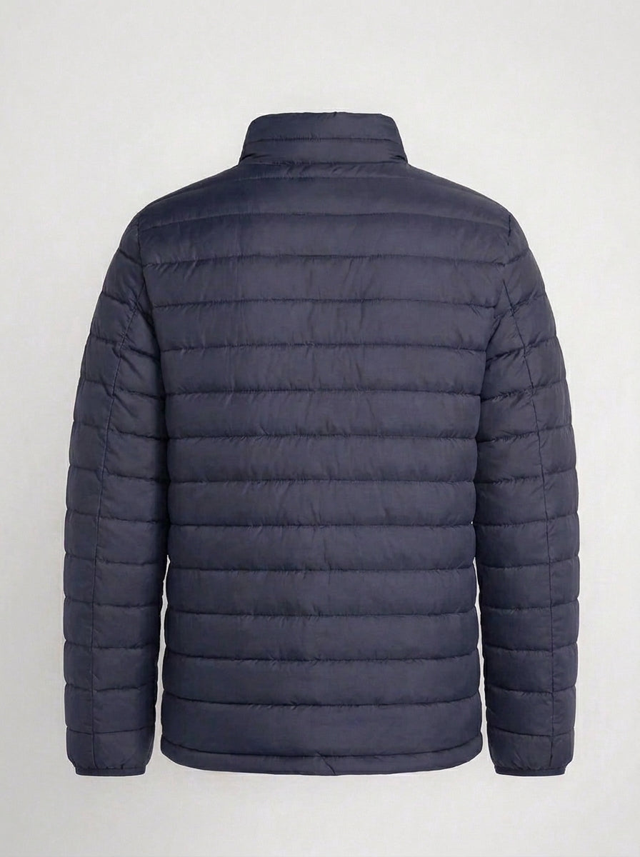 Men's navy blue horizontal quilted winter puffer jacket clean back view