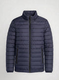 Men's navy blue lightweight quilted puffer jacket front view with zip closure