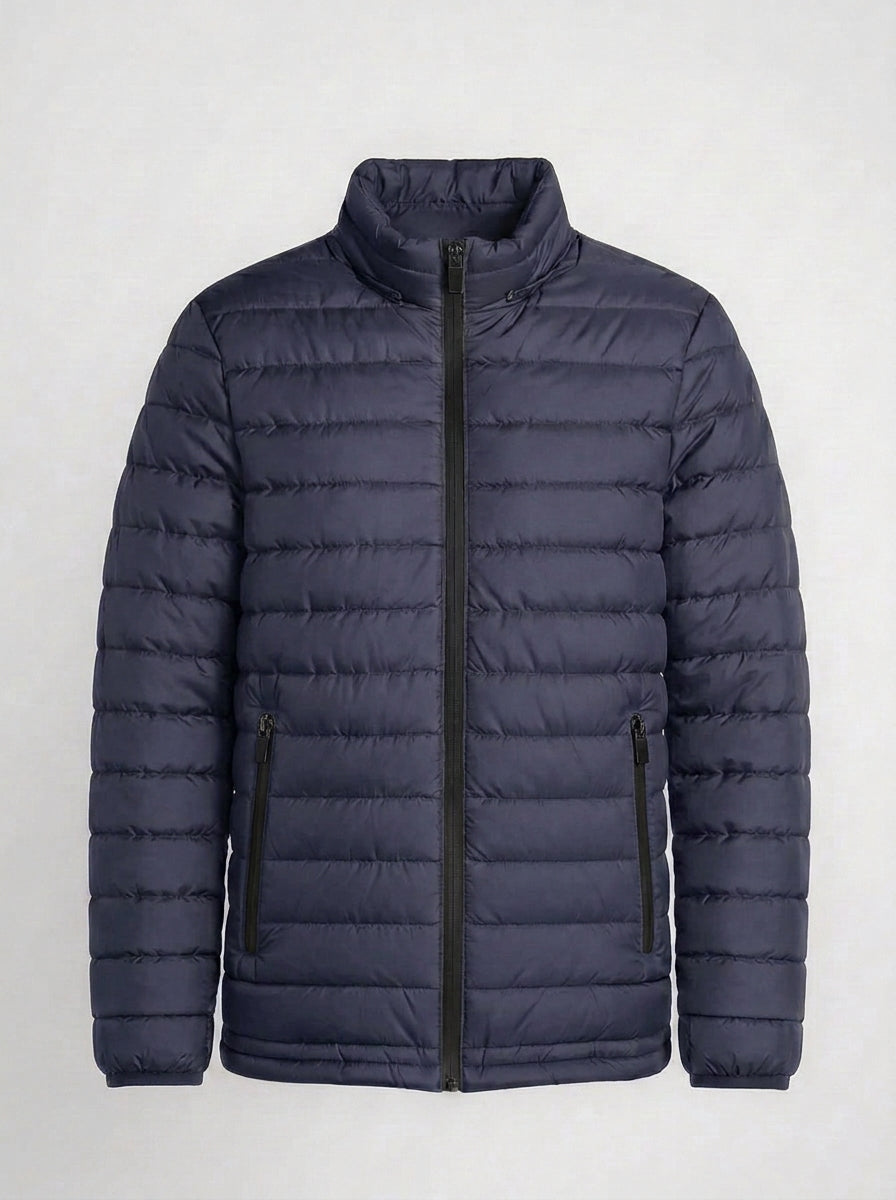 Men's navy blue lightweight quilted puffer jacket front view with zip closure