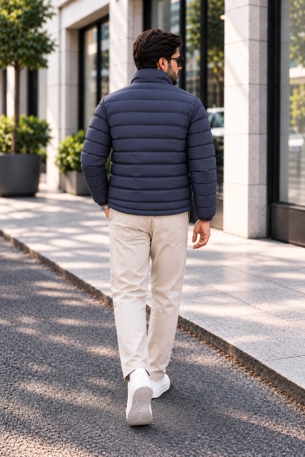 Man wearing navy blue lightweight quilted puffer jacket street style front view walking outside