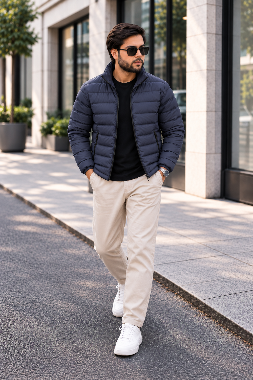 Man wearing navy blue lightweight quilted puffer jacket street style front view walking outside