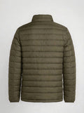 Men's olive green horizontal quilted winter puffer jacket back view
