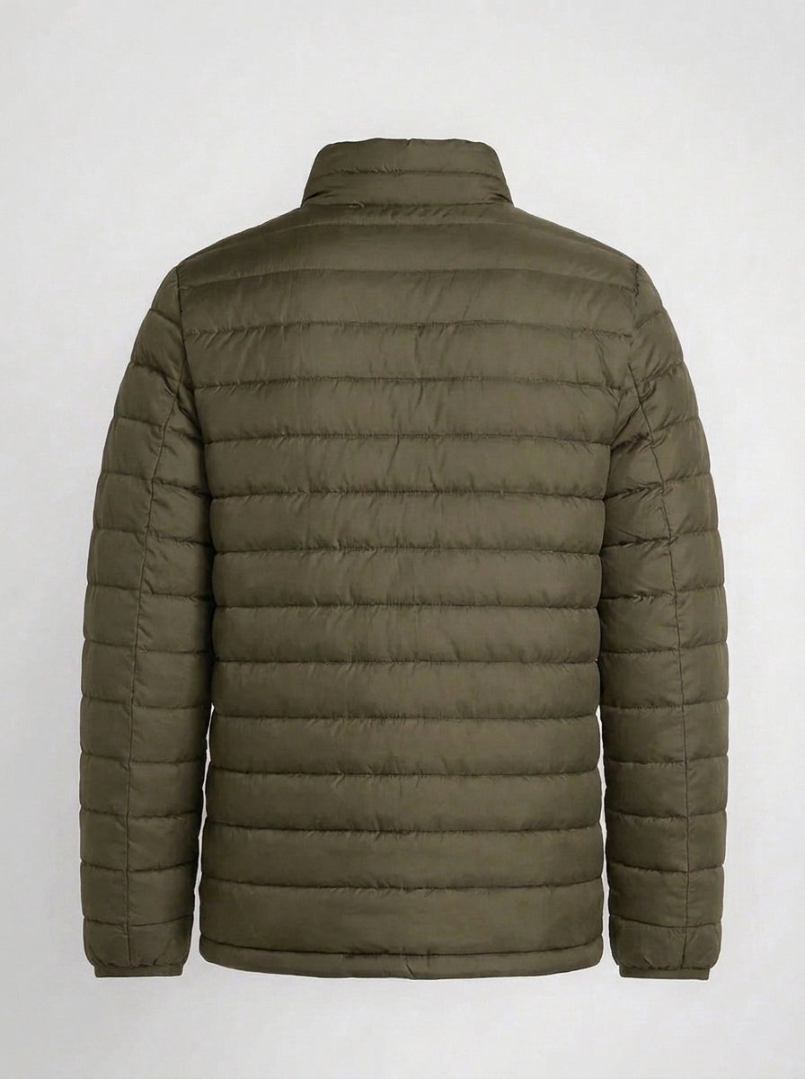 Men's olive green horizontal quilted winter puffer jacket back view