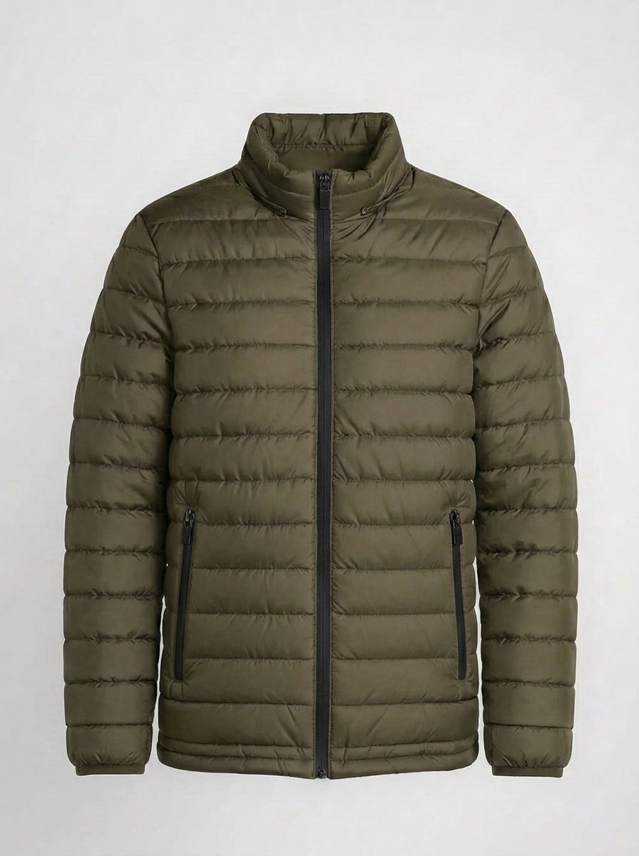 Men's olive green lightweight quilted puffer jacket front view with zip closure