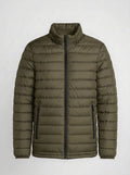 Men's olive green lightweight quilted puffer jacket front view with zip closure and stand collar