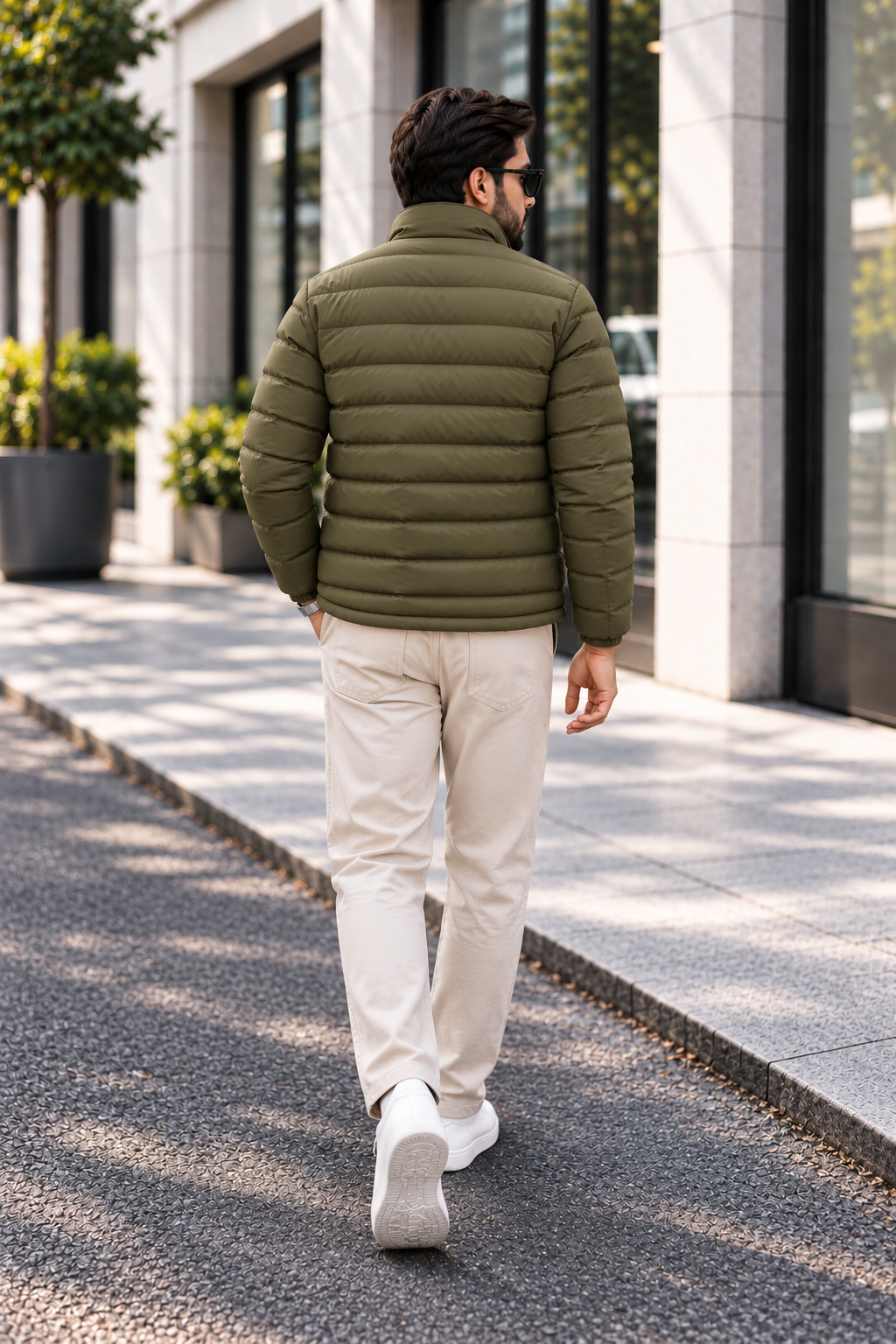 Man wearing horizontal quilted olive green winter puffer jacket street style walking back view