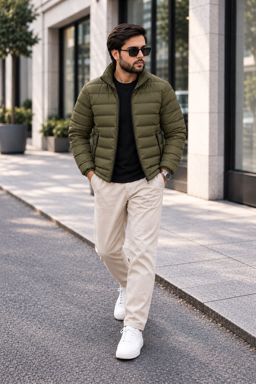 Man wearing olive green lightweight quilted puffer jacket street style front view walking outside