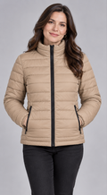 Woman wearing khaki beige lightweight quilted puffer jacket front view with zip closure and stand collar