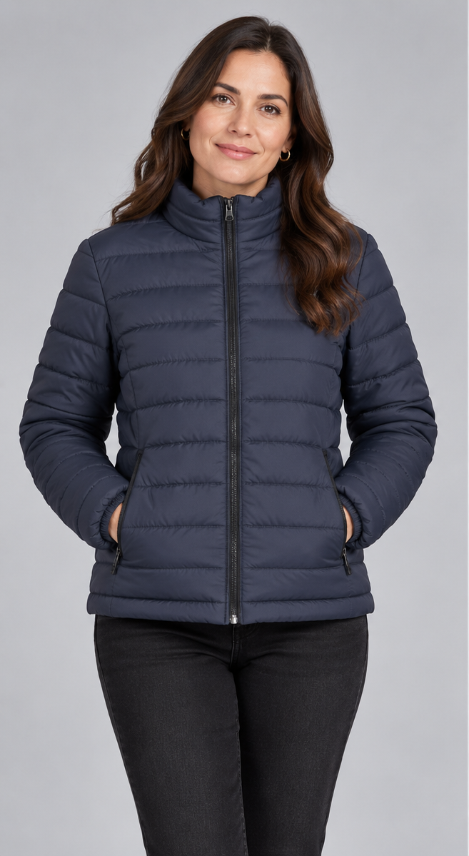 Woman wearing navy blue lightweight quilted puffer jacket front view with zip closure and stand collar
